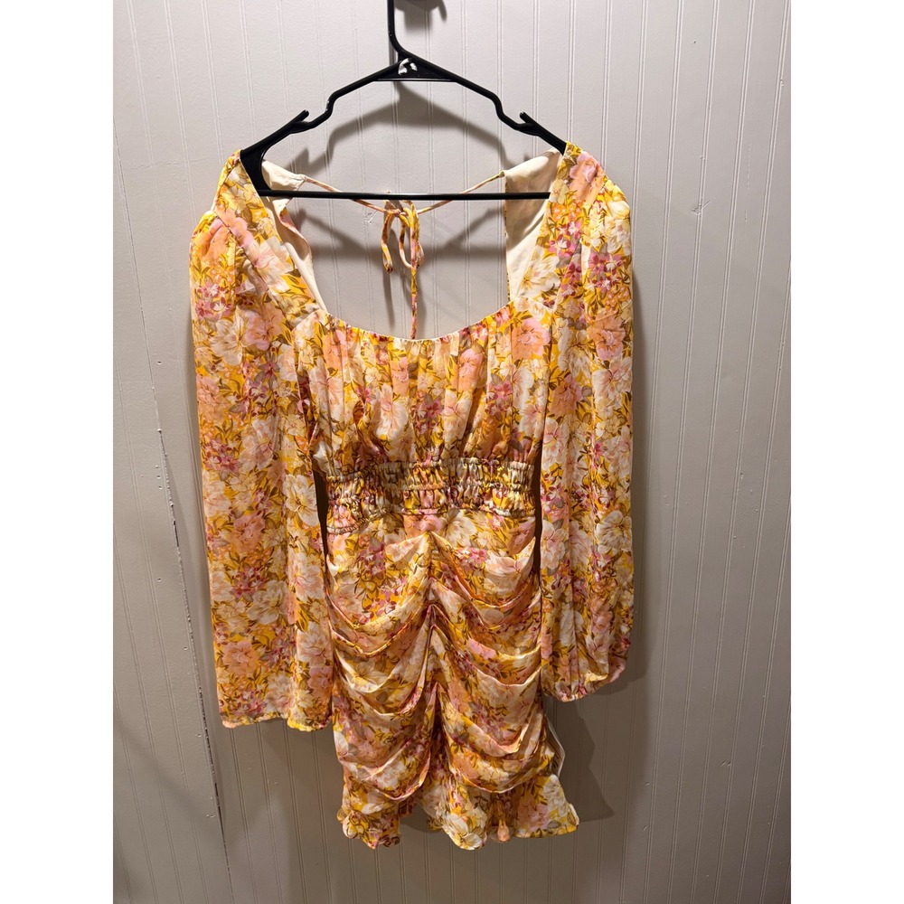 ASTR the Label Floral Ruched Mini Dress Yellow Pink Long Sleeve Smocked Small